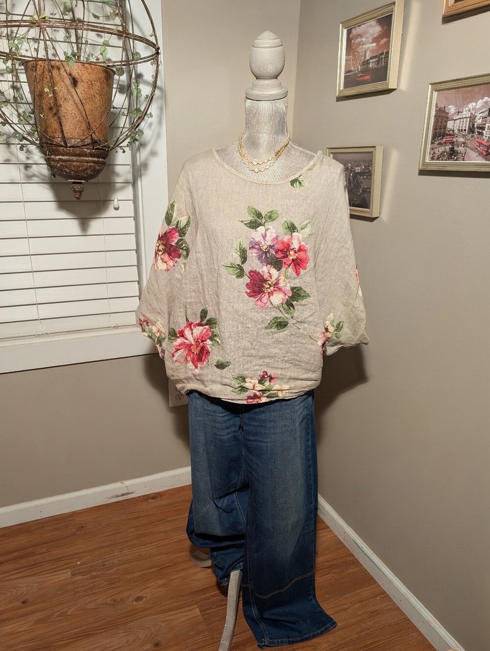 100% Linen-Blend Floral Dolman Top with Pink Blooms
